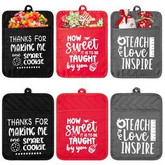 four oven mitts with sayings on them in different colors and designs, including one for each cookie