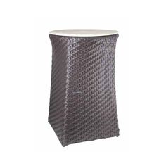 an outdoor wicker trash can in grey color with white top and bottom, on a white background