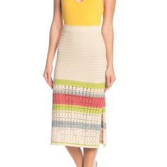 Size S/M. Color-Block Stripes Add To The Retro Appeal Of A Chunky Crochet Midi Skirt With Slits At The Sides. - Elasticized Waist - Knit Construction - Stripe Print - Vented Hem - Midi Length - Approx. 31" Length (Size M) - Summer Crochet Skirt In Beige, Summer Beige Crochet Skirt, Beige Crochet Skirt For Summer, Chic Spring Color Block Skirt, White Crochet Skirt For Spring, Chic Knit Beach Skirt, Chic Beach Knit Skirt, Spring Beach Knit Skirt, Crochet Midi Skirt