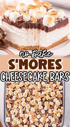 no bake s'mores cheesecake bars with text overlay