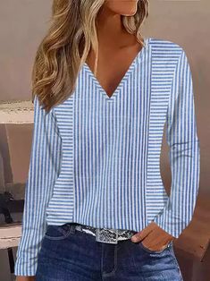 Zolucky offers stylish and concessional T-shirts.. SPU: 2942T-8U3E71, Color: Blue, Material:Knitted, Sleeve Length:Long Sleeve. Stretch V-neck Top With Graphic Print, Striped Stretch V-neck Top, Stretch V-neck Tops With Graphic Print, Casual Striped V-neck Top, Striped V-neck Top For Fall, Fall Striped V-neck Top, Striped Tops With Graphic Print For Fall, Blue V-neck T-shirt For Fall, Blue V-neck Tops For Fall