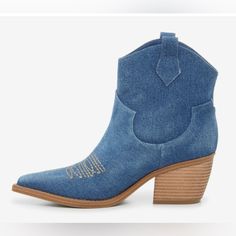 Super Cute Denim Bootie That Will Go With Anything! Perfect For Concert Or Any Country Themed Event Or Costume! Western Denim Boots With Round Toe, Western Denim Boots, Western Boots With Round Toe In Denim Blue, Denim Blue Western Boots With Round Toe, Western Style Denim Blue Boots With Round Toe, Trendy Denim Blue Round Toe Boots, Denim Boots With Round Toe For Fall, Denim Round Toe Boots For Fall, Fall Denim Boots With Round Toe