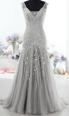 Silver Long Back Up Lace V Neck Beading Prom Dresses Modest Prom Dresses, Grey Prom Dress, Modest Prom, Mother Of Groom Dresses, Wedding Clothes, Prom Dresses Modest, Mob Dresses, Gowns Prom, Beauty Dress