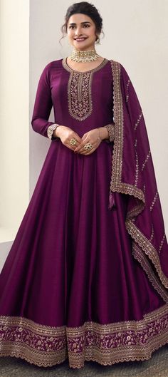 Bollywood Purple and Violet color Salwar Kameez in Georgette fabric with Anarkali Embroidered, Thread work : 1944667 Gown Pakistani, Pakistani Gown, Flared Anarkali, Lehenga Choli Designs, Prachi Desai, Georgette Anarkali, Silk Anarkali, Gown With Dupatta, Designer Salwar Kameez