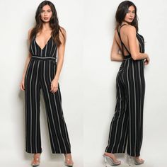 -Black With White Stripes -100% Polyester -Made In The Usa -Measurements On A Small: L: 54" B: 30" W: 26" I.S.: 29" -Fits True To Size Striped Jumpsuits And Rompers For Party, Striped Fitted V-neck Jumpsuit, Elegant Striped Sleeveless Jumpsuits And Rompers, Striped Jumpsuits For Summer Night Out, Striped Jumpsuits And Rompers For Night Out In Summer, Striped Summer Jumpsuits And Rompers For Night Out, Striped Fitted V-neck Jumpsuits And Rompers, Chic Striped Jumpsuits And Rompers For Night Out, Olive Jumpsuit