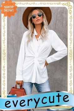 White Button Down Twist Blouse Long Sleeve Blouse With Buttons For Day Out, Chic Solid Color Shirt For Day Out, Chic Button-up Fall Blouse, Chic Button-up Blouse For Fall, Chic Fall Button-up Blouse, Chic Solid Color Button-up Tops, Solid Color Button-up Blouse For Day Out, Solid Buttoned Blouse For Day Out, Fall Day Out Blouse With Back Button Closure