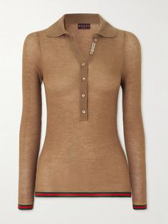 Gucci's polo shirt is trimmed with striped webbing along the hem - an equestrian-inspired signature that first debuted in the '50s. It's finely rib-knitted from cashmere and silk-blend and has a buttoned placket – unfasten a few at the top to reveal the label's logo. Luxury Spring Polo Sweater With Seamless Collar, Luxury Fitted Polo Sweater With Seamless Collar, Gucci Polo Shirt, Shop Gucci, Gucci Sweater, Gucci Shirt, Outfits For Mexico, Gucci Outfits, Black Tweed