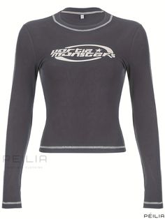 Peilia - Womens Long Sleeve Graphic Letter Crop Tops - Stylish and Comfortable Athletic Workout Shirts, Perfect for Casual or Sports Activities Fitted Sports Top With Text Print, Sports Tops With Logo Print And Long Sleeves, Sports Long Sleeve Tops With Logo Print, Gray Long Sleeve Top With Logo Print, Gray Athleisure Top With Logo Print, Gray Sports Top With Text Print, Gray Sports Tops With Logo Print, Gray Sports Tops With Letter Print, Gray Sports Top With Letter Print