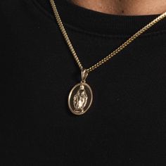 This micro pendant depicts the Lady of Guadalupe the patroness of the Americas and Mexico. A powerful symbol of faith that you can rock with any fit. Boss up and flex with the GLD gang! This product is guaranteed for life - GLD will repair the item should you experience any defects in craftsmanship or breakage. Specifications - 1/2" x 1 1/8" (Width x Height) - Weight: (Weight can vary +/- 0.2 grams) - 4 grams Material - 18k Vermeil | 18k Gold Vermeil Micro Lady of Guadalupe Pendant - The GLD Sho Lady Of Guadalupe, Vermeil Jewelry, Custom Earrings, The Lady, Pendant Bracelet, Drop Necklace, Gold Design, Chain Pendants, Chains Jewelry