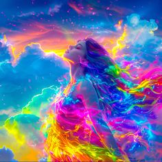 a woman with long hair standing in the clouds looking up at something multicolored