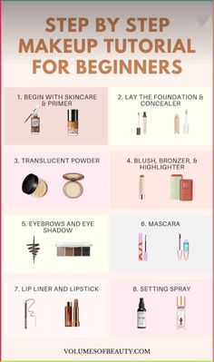 step by step makeup tutorial for beginners Quick Makeup For Beginners, Makeup For Beginners Step By Step, Make Up Tutorial Step By Step, Makeup Guide For Beginners, Daytime Smokey Eye, Step By Step Makeup Tutorial, Strobing Makeup, Eye Makeup Guide, Step By Step Makeup