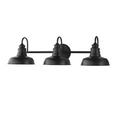 three light bathroom fixture with black metal finish and an adjustable arm, on a white background