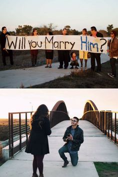 two pictures with people holding up signs on them