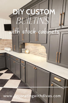 a kitchen with black cabinets and white counter tops, gold hardware on the handles is featured in this post