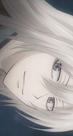 an anime character with long white hair and blue eyes looks at the camera while staring straight ahead