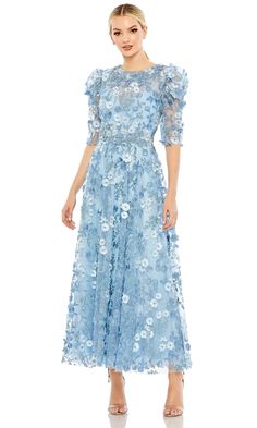 Mac Duggal 68193 - Floral Detailed A-Line Dress French Blue Color, Ornate Dress, Jewel Neckline, Mac Duggal, Embroidered Applique, Tea Length Dresses, Fabric Floral, French Blue, Dress 16