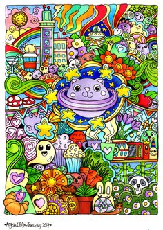 a colorful drawing with lots of different things in the sky and on top of it