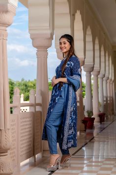 Grab this beautiful 3-piece set. The set comes with printed kurta has v neck, 3/4th sleeves & calf length teamed with printed trouser pants and a chanderi cotton dupatta to match. Color - Blue Kurta Fabric-Viscose Pant Fabric-Viscose Dupatta Fabric- Chanderi Cotton Neck-V Neck Sleeves-3/4th Sleeves Work - Print Detailing Washing Instructions-Dry Clean Model Height - 5.5 wearing size small. DISCLAIMER - The color of the product may be differ due to screen settings of device. A misprint here and a colour drop slip there is the beauty of printing which is not treated as a defect. Printed Suit, Blue Kurta, Cotton Dupatta, Anarkali Suit, Kurta With Pants, Churidar, Suit Set, Womens Size Chart, Fabric Shop