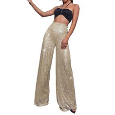 Season:Summer,Spring; Fabric:Polyester; Gender:Women's; Style:Elegant,Fashion,Sparkle; Elasticity:Micro-elastic; Occasion:Club,Going out,Party  Evening,Party,Street; Fit Type:Regular Fit; Function:Comfy; Waistline:High Waist; Pattern:Plain; Design:Sequins; Pants Type:Sparkly Pants,Wide Leg,Pants Trousers; Front page:FF; Listing Date:09/15/2023; Production mode:External procurement; Hips:null; Length:null; Waist:null; Pants Length:Full Length Sequins Pants, Sparkly Pants, Silvester Outfit, Drape Pants, Loose Fitting Pants, Moda Streetwear, Sequin Pants, High Waist Wide Leg Pants, High Waist Fashion