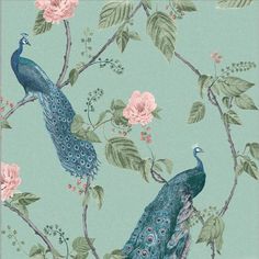 two peacocks are sitting on the branch of a tree with pink flowers and green leaves