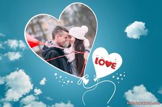 a man and woman holding a red heart shaped balloon with the word love on it