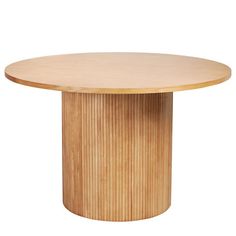 a round wooden table sitting on top of a white floor