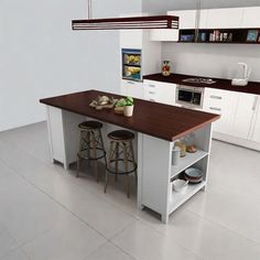 an island in the middle of a kitchen with two stools and a counter top