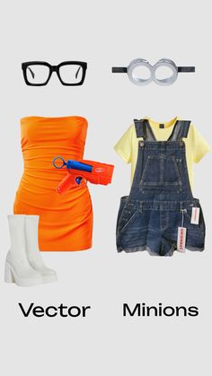 an orange shirt, blue overalls and white boots are featured in the image below