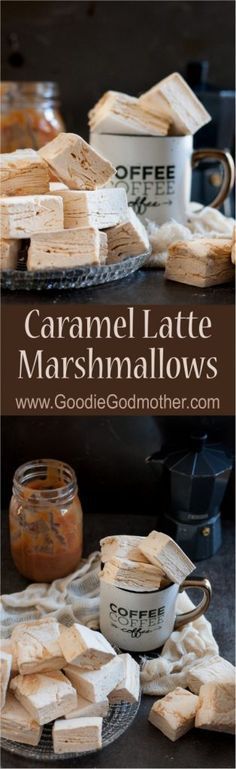 caramel latte marshmallows on a plate next to a jar of coffee