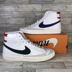 Nike Blazer Mid '77 Vintage 'Emb Mismatched Swooshes' Men's Size 10 Dq7777-100. Missing Lid Nike Retro White Custom Sneakers, Nike Retro Custom White Sneakers, Retro Nike Custom White Sneakers, Retro White Custom Sneakers With Gum Sole, Retro Nike Mid-top Custom Sneakers, White Retro Custom Sneakers For Sports, Retro White Custom Sneakers For Sports, Shoes Nike Blazer, Nike Air Max Trainers