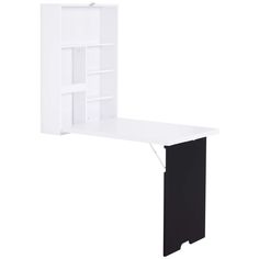 a white and black computer desk with shelves