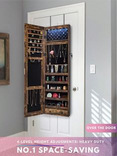 an open door with jewelry hanging on it and the words, no 1 space saving