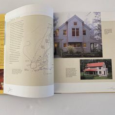 an open book showing the inside pages of a house with pictures and information on it