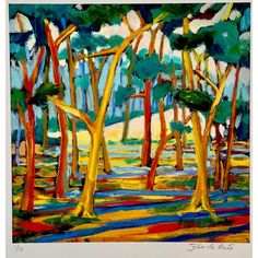 an oil painting of trees in the woods