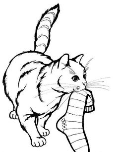 a black and white drawing of a cat carrying a christmas stocking