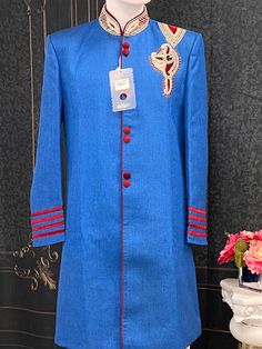 Comes with red chudidar pant made in India Red Straight Kurta Churidar For Formal Occasions, Red Fitted Traditional Bandhgala, Formal Red Straight Kurta Churidar, Red Fitted Sherwani For Transitional Season, Formal Red Churidar With Straight Kurta, Red Ceremonial Sherwani For Diwali, Traditional Fitted Red Bandhgala, Red Fitted Churidar With Straight Kurta, Traditional Red Fitted Bandhgala