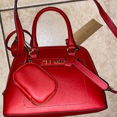 With Tags Red Satchel With Zipper Closure For Evening, Color Block Tote Bag, Strawberry Soda, Steve Madden Wallet, Color Block Tote, Steve Madden Purse, Steve Madden Handbags, White Crossbody Bag, Chain Strap Bag