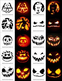 pumpkins with different faces carved into them, all lit up in the night time