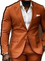 a man in an orange suit and white shirt