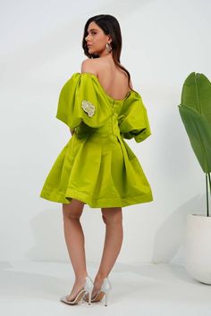 Lime yellow dutch satin off-shoulder corset dress with petal and pearls embellishments. - Aza Fashions Green Puff Sleeve Dress For Wedding, Spring Evening Off Shoulder Dress With Puff Sleeves, Spring Evening Off Shoulder Puff Sleeve Dress, Elegant Spring Off Shoulder Dress For Banquets, Elegant Off Shoulder Dress For Spring Banquet, Chic Off Shoulder Dress For Spring Banquet, Elegant Green Off-shoulder Cocktail Dress, Chic Off-shoulder Dress For Spring Banquet, Elegant Green Off Shoulder Cocktail Dress