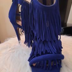 Beautiful, Sassy & Sexy Vibrant Stilettos In Cobalt Blue. Never Worn, Without Box Fringe Open Toe Party Heels, Party Heels With Fringe And Open Toe, Chic Party Heels With Tassels, Fringe Open Toe Heels For Party, Party Fringe Open Toe Heels, Chic Fringe Heels With Round Toe, High Heel Fringe Party Heels, High Heel Fringe Heels For Parties, Fringe High Heels For Party