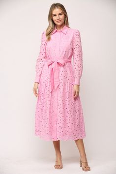 Belted button front lace midi dress -non-sheer -lined -lightweight -fabric content - 100% cotton Long Sleeve Eyelet Dresses For Spring, Spring Lace Midi Dress, Spring Midi Lace Dress, Fitted Eyelet Midi Dress For Daywear, Spring Pink Maxi Dress With Button Closure, Pink Maxi Dress With Button Closure For Spring, Spring Button-up Midi Dress For Daywear, Spring Baptism Lace Dress, Spring Lace Midi Dress With Long Sleeves