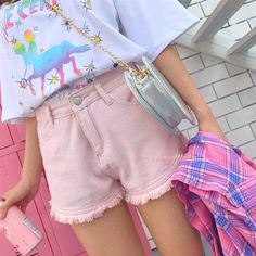 Pastel Pink Fringed Denim Shorts Pastelcore Outfits, Pastel Kidcore Outfits, Whimsical Clothes, Pastel Aesthetic Outfit, Kawaii Kidcore, Pastel Core, Kidcore Fashion, Decora Harajuku, Colourful Fashion