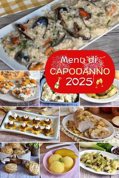 a collage of different foods and dishes with the words menu capodanono 205