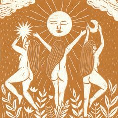 an orange and white drawing of two women dancing in the grass with sun above them