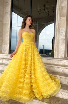 Modern Prom Dresses, Yellow Prom Dresses, Teuta Matoshi, Yellow Prom, Prom Dresses Yellow, Sun Yellow, Exquisite Gowns, Custom Size Dresses, Grad Dresses