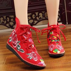 Flat-bottomed Spring and Summer Single-boot Ethnic Embroidered Shoes Embroidered Boots For Spring Festivals, Spring Festival Embroidered Boots, Red Casual Boots For Festival, Casual Red Boots For Festival, Bohemian Boots With Flat Heel For Festival, Bohemian Closed Toe Boots For Spring, Casual Boots With Floral Embroidery And Round Toe, Embroidered Closed Toe Summer Boots, Spring Festival Boots With Round Toe