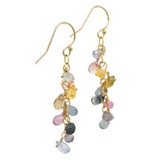 Add some sparkle to your look with these colorful earrings! The vibrant multi-colored sapphires shimmer as they catch the light, creating the perfect accessory for any outfit. Make a lasting impression with these beautiful Sapphire Chain Dangle Earrings!  Measure 1-1/2" Long.  All wire is 14K gold fill. Each piece is hand made so some slight variations may exist from piece to piece. Please do not wear this in the shower, swimming or use hair spray, perfumes, etc...directly on it.  You can clean the stones with a soft cloth, if need be. Please keep in provided pouch when not wearing. Colored Sapphires, Keshi Pearl Necklace, June Birthstone Jewelry, Multi Sapphire, August Birthstone Jewelry, July Birthstone Jewelry, Hair Spray, Pearl Jewellery Earrings, Colorful Earrings