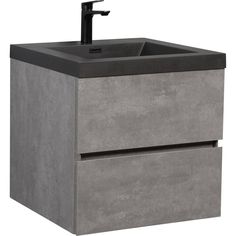 the sink is made from concrete and has a black faucet