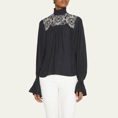 Ramy Brook "Eclipse" blouse with embroidered details High neckline Long bell sleeves Relaxed fit Hem sits at the hip Pullover style  Polyester Imported Long Bell Sleeves, Ramy Brook, Embroidered Details, Bell Sleeve Blouse, Bergdorf Goodman, High Neckline, Pullover Styling, Bell Sleeves, Sleeve Blouse